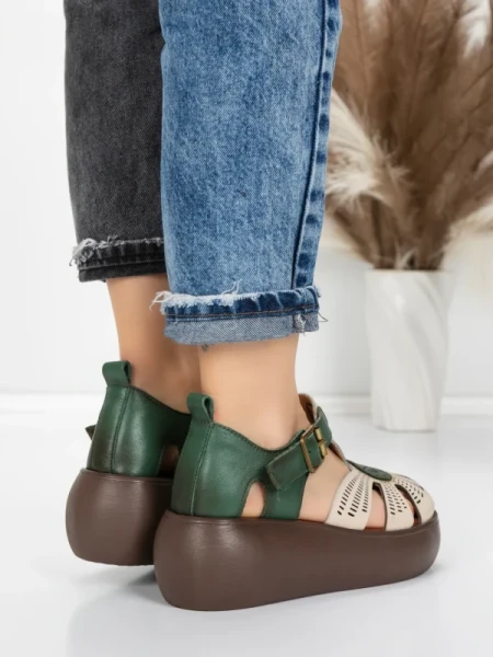 Sandale Dama din piele naturala 10682 CREAM-GREEN | ADVANCER
