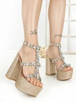 Sandale Dama cu Toc Gros si Platforma M-1 GOLD | CHERIE