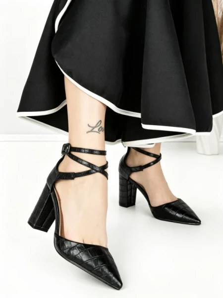 Pantofi cu Toc Gros 7063 BLACK | BEUE SHOES